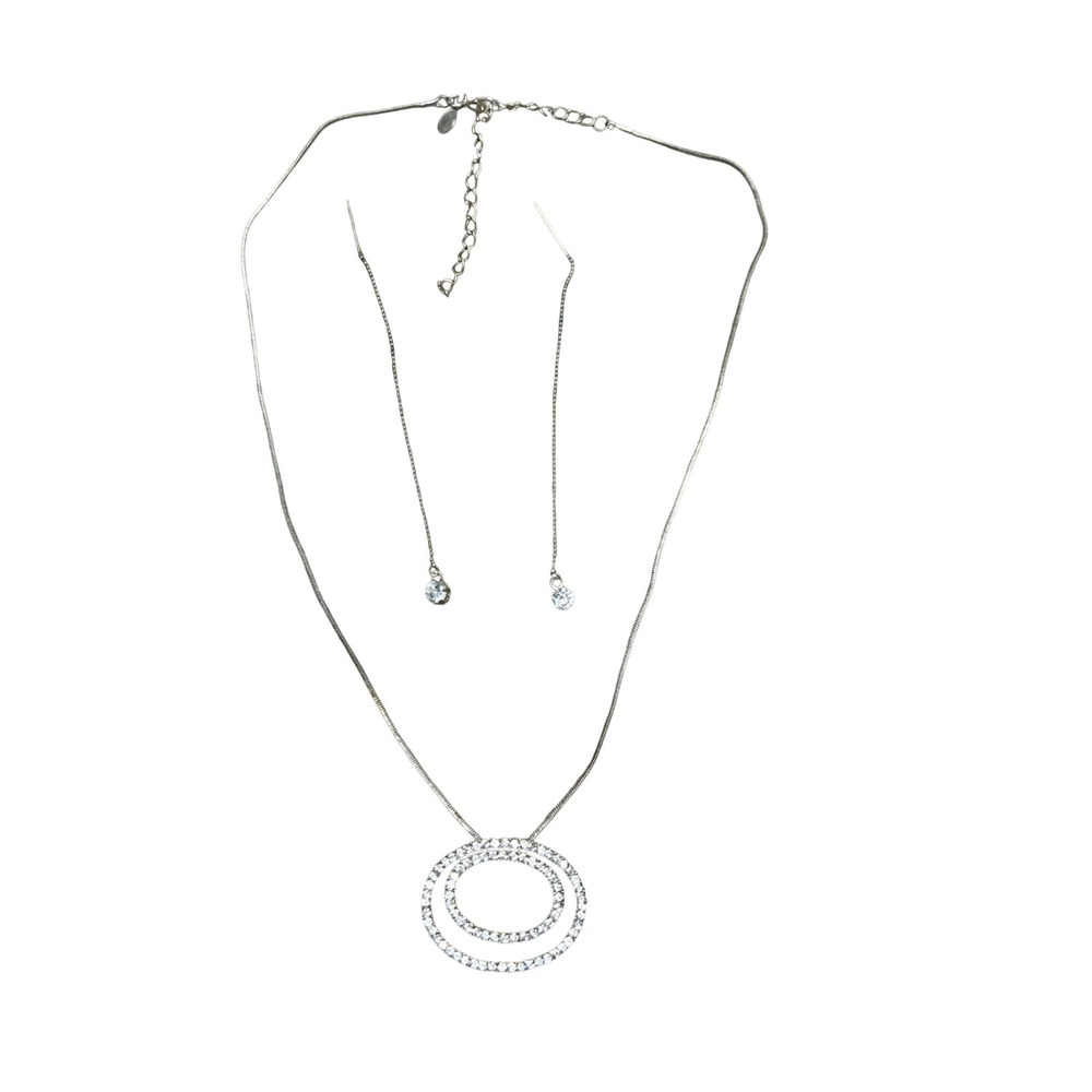 Premier Designs Silver Crystal Double Circle Necklace and Threader Earring Set